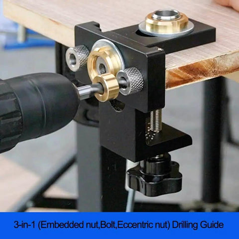 Close-up of 3 In 1 Doweling Jig Drill Kit With Adjustable Guide for woodworking pocket holes and embedded nuts in use