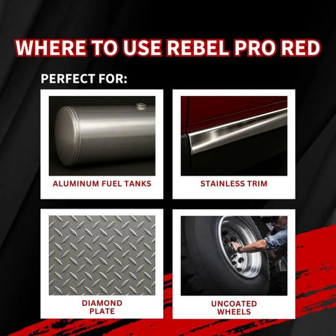 Image showing the Pro Red Liquid Metal Polish Kit With One Eighth Inch Shanks For Foam Cones And Barrels Drill Attachment For Aluminum And Stainless Steel Wheels And Tight Spaces Great For A Fast Showroom Shine being used on aluminum fuel tanks, stainless trim, diamond plates, and uncoated wheels.
