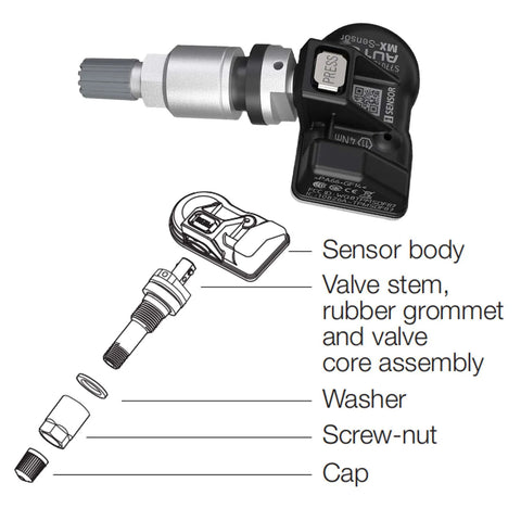 Autel TPMS sensor with metal valve stem; 2-in-1 press-in tire sensor, exploded view shows sensor body and stem