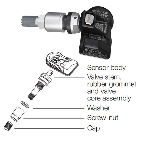 Illustration diagram of MX Sensor TPMS Set Of 4 Programmable All In One 315MHz 433MHz Press In TPMS Sensors With Metal Valves components.