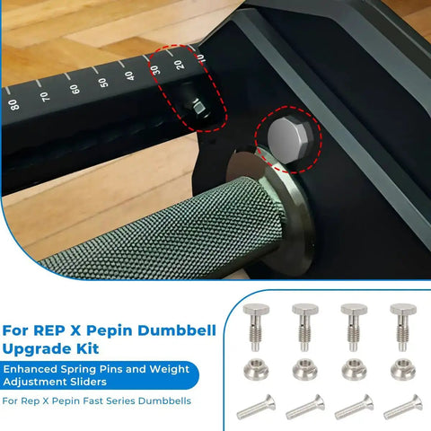 Dumbbell Upgrade Kit With Enhanced Spring Pins And Weight Adjustment Sliders For Fast Series Dumbbells, Low Profile Pins That Sit Flush And Stop Knuckle Banging, Stainless Steel, Rust Proof, 5 Minute No Tool Install shown installed on dumbbell.