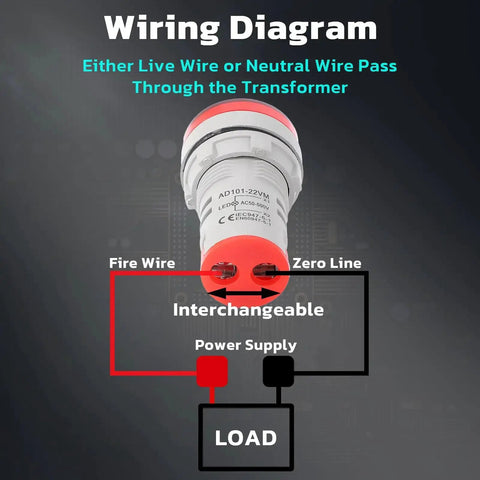 Wiring diagram for AC Voltage Display Three Pack Digital LED Voltmeter Panel For AC 60 To 500V with wiring connections depicted.