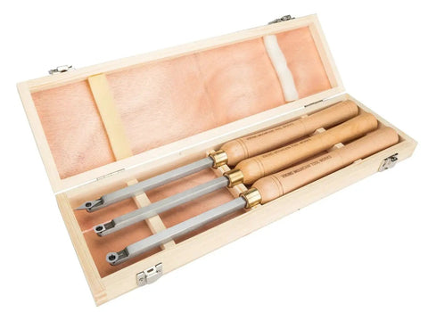 Six Piece Mini Lathe Tool Set With Carbide Tips For Wood Turning On A Small Lathe Roughing Finishing Detail Work And Hollowing Includes Straight Round Diamond And Three Hollowing Bits in wooden case