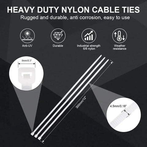 Heavy Duty 12 Inch Zip Ties 100 Pack Self Locking Nylon Cable Ties White with dimensions and features displayed