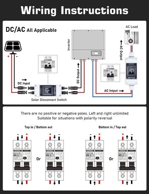 Wiring diagram for 30 Amp Two Pole Solar Disconnect Switch With DIN Rail Mount For 12V 24V 48V And 400V Systems AC DC Circuit Breaker RV Battery Isolator PV Array MCB Thermal Magnetic Trip Arc Squelching Magnet.