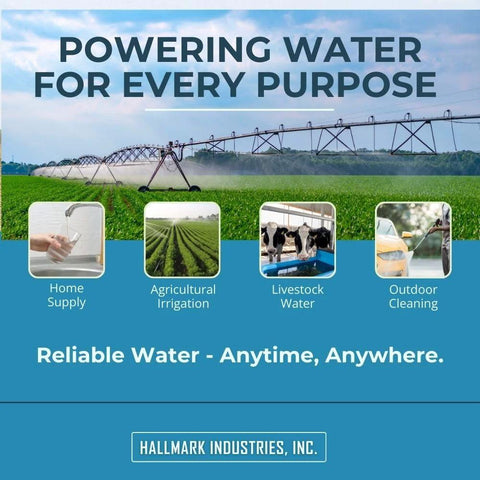 Hallmark Industries banner for a 4-inch stainless steel deep well submersible pump; irrigation use theme.