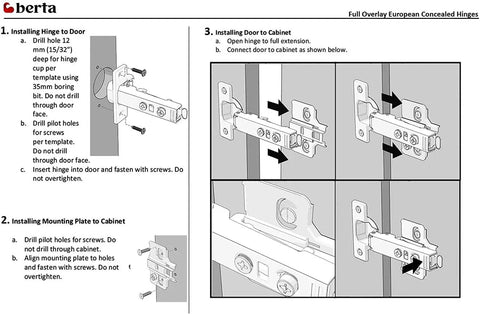 Installation guide for Two Pack Frameless Cabinet Hinges With No Squeak Soft Close, 90 Degree Restricted Opening, Easy Install Hardware.
