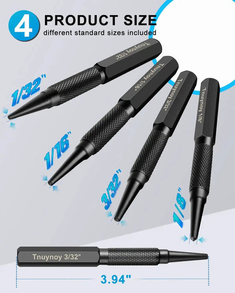 4-Piece Nail Punch And Center Punch Set With Hardened Cr-V Steel And Non-Slip Knurled Grips Includes 1/32, 1/16, 3/32, 1/8 size