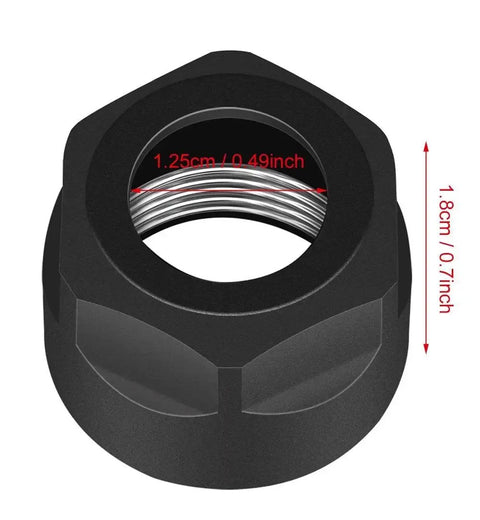 ER16A Collet Nuts Set for CNC Milling and Engraving Machines, hex clamping nut, M24x1.0 thread, black oxide finish, close-up view.