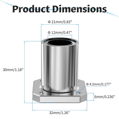 Four Pack LMK12UU Square Flange Linear Ball Bearings 12mm ID, 21mm OD, 30mm Length With Double Seals showing product dimensions