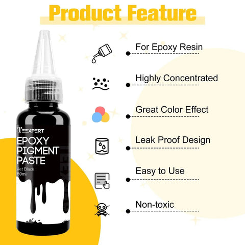 Vibrant Six Color Epoxy Resin Pigment Paste Set For Consistent Batch Coloring 10.15 Oz 300 Ml Total Highly Concentrated And Easy To Mix Opaque Dyes For Resin Art Painting And DIY Projects Teexpert product feature label with jet black epoxy pigment paste bottle.