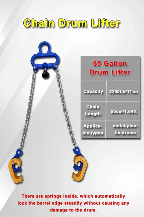 1 Ton Drum Lifting Chain With 2 Hooks For Plastic And Steel Drums 50cm Length, showing hooks and capacity specs.