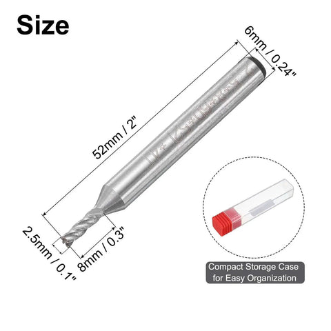 Four Pack 2.5mm Cutting End Mills With 6mm Straight Shank 4 Flute HSS AL Cutter Bits for CNC Router, includes storage case.