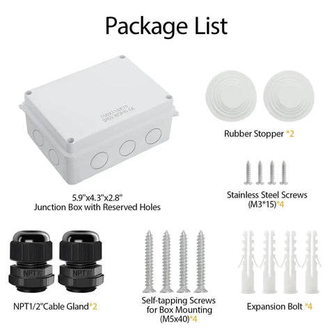 Rugged Outdoor IP65 Weatherproof Dustproof Junction Box For Electronics Enclosures shown with accessories including NPT cable glands and screws