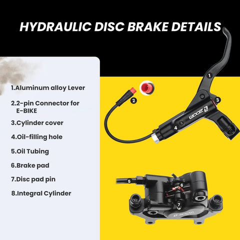Front view of black e-bike hydraulic disc brake lever and caliper with mounting adapter on yellow background