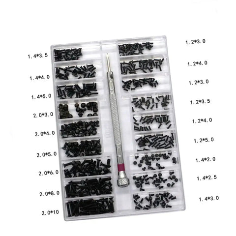 Miniature Screw Set With Countersunk Flat Head Screws In Transparent Storage Box For Glasses Watches Diy Projects And Repairs Small Hardware Kit For Professionals And Diy Enthusiasts showcasing various compartments with screws and a screwdriver in a clear case.