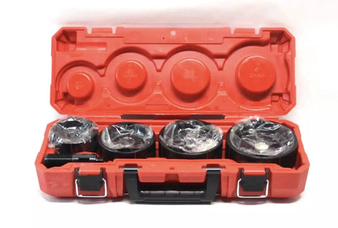 M18 Exact 2-1/2 to 4 Inch Knockout Set in red carrying case, heavy duty pro-grade kit for electrical rough-in with durable punch tools