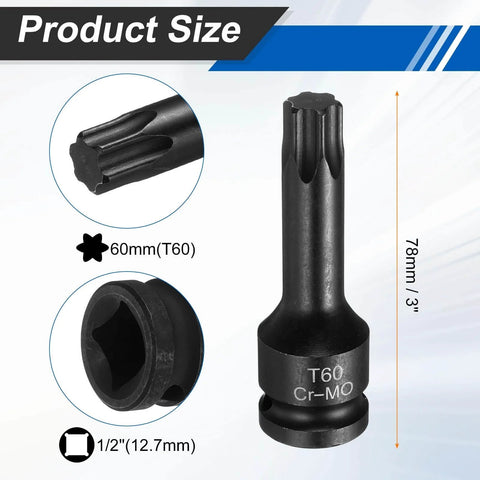 One Half Inch Drive Torx T60 Bit Socket For Impact Tools 6 Point Star Socket Chrome Molybdenum Steel With Cotter Pin And O Ring