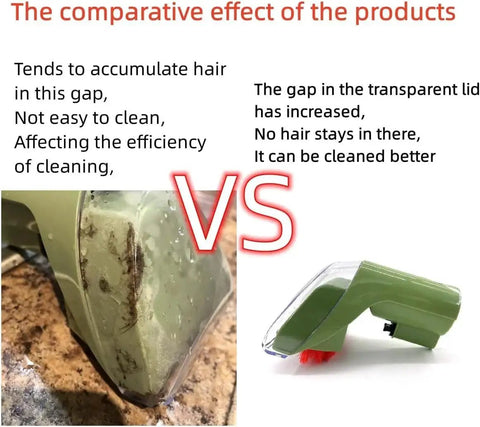 Two green Bissell 1400B replacement vacuum attachments; left side dirty with grime, right side clean with red bristle brush.