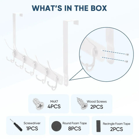 Image showing contents of Over The Door Hooks 5 Pack Heavy Duty All Metal Hangers With 11 Lb Capacity, including screws and foam tape.