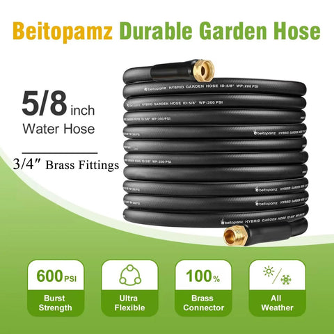 Beitopamz 5/8 inch garden hose, black, coiled with brass 3/4 inch fittings.