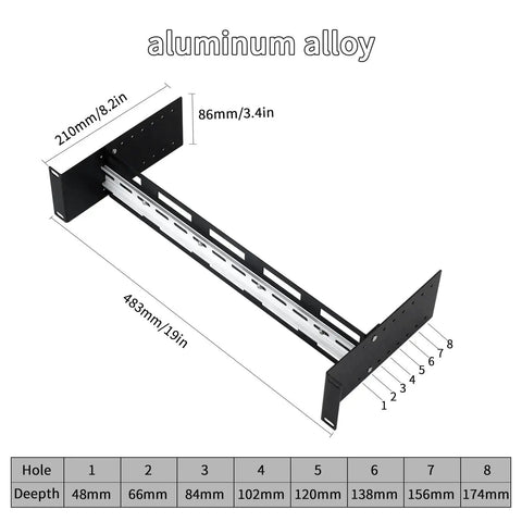 2U 19 Inch Rack Mount DIN Rail Kit Adjustable Depth 48 to 174 Millimeters Aluminum Rack Mount Bracket shown with measurements.