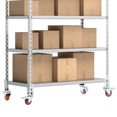 Three Inch Caster Wheels For Boltless Shelving Racks, 500 Lb Load Capacity Per Wheel, shown installed on a storage rack.