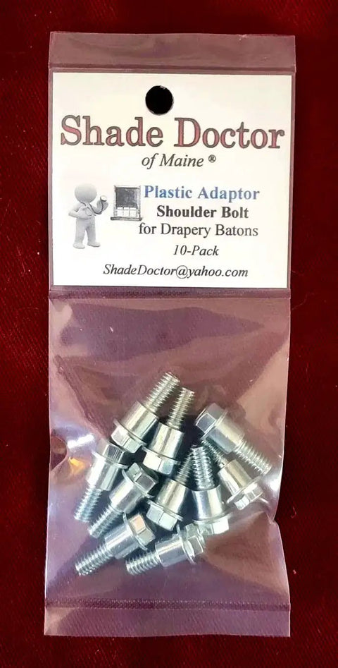 10-pack of nickel finish one quarter inch shoulder bolts with plastic adapters for drapery batons, hex head bolt through draperies.
