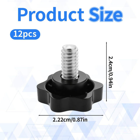 1/4-20 Knurled Thumb Screws Set with Black Plastic Knobs, 12 Pieces, Boss-Grade Grip Screws, dimensions 2.22cm x 2.4cm