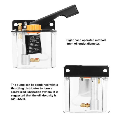 Right Hand Operated Manual Lubricating Pump 650cc for CNC Machine Tools with easy push handle and 0.6L clear tank, front and side view.