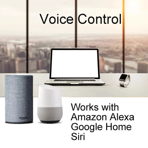 Voice control display with laptop, smart speakers, and watch, works with Amazon Alexa, Google Home, Siri integration showcased.