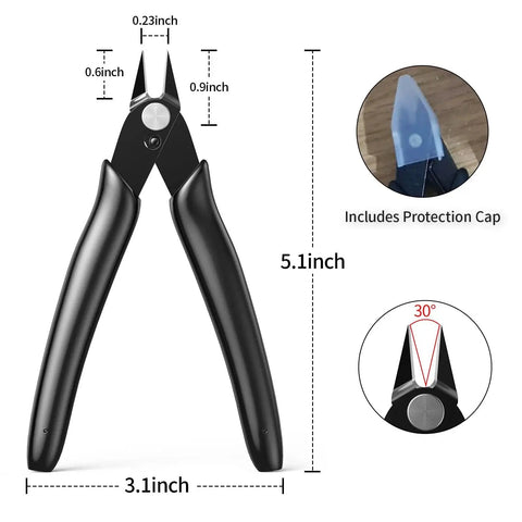 Flush Cut Micro Wire Cutter 2 Pack for Jewelry Making Electronics Beading Wire Zip Ties and Model Building 5 Inch Nippers With Long Cutting Jaws for Clean Flush Cuts Tight Pro By BOENFU BF 170, shown with dimensions and protection cap
