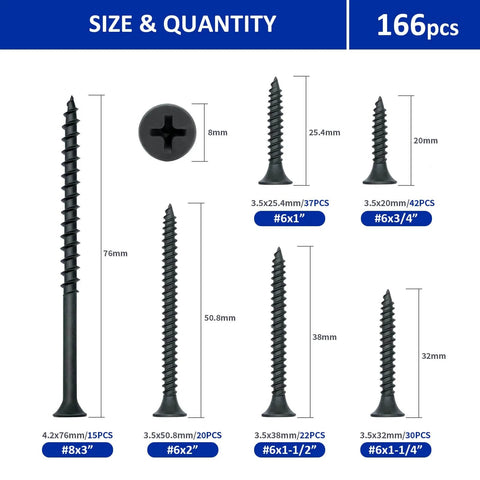 Drywall Screws Assortment Kit With 166 Pieces, Six Sizes From 3/4 In To 3 In, Black Coarse Thread Phillips Drive Wood Screws