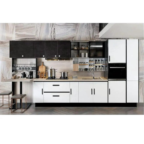 Modern kitchen with black and white cabinets featuring 10 Pack Self Stick Push Pull Helper ABS Plastic Wardrobe Handles For Cabinets And Drawers.
