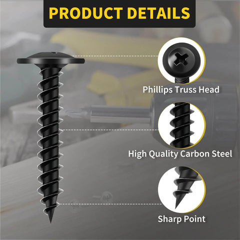 Wood Screws Assortment Kit Eight Sizes From Half Inch To Two Inch 220 Pieces Built Tough High Hardness Black Phillips Truss Head Self Tapping Screws With Electrophoresis Finish For Home DIY Projects And Everyday Repairs close-up view