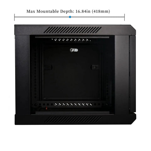 6U Wall Mount Server Cabinet Enclosure With Quiet Cooling Fans 2x, Brush Cable Management Panel, Black Finish, front view