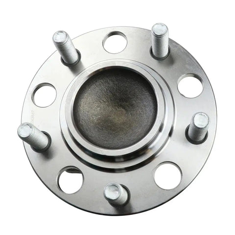 One Piece Rear Wheel Bearing And Hub Assembly Fits Lancer 2008 To 2012 And Outlander And Outlander Sport 2008 To 2013 Easy Install Replacement Wheel Hub Bearing Kit For Smooth Handling And Reliable Performance showing top view of metal hub with bolt holes
