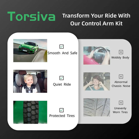 Brochure highlighting Torsiva control arm kit benefits: smooth ride, quiet cabin, protected tires, reduces wobbly body and noise.