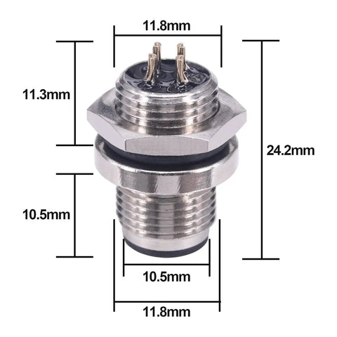 M12 4 Pin Male Aviation Panel Mount Connector IP67 Waterproof 12mm Back Mount Socket with dimensions shown