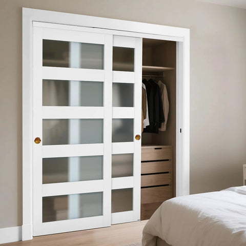 Installed Space Saving Sliding Closet Doors Kit For 60 Inch Opening, 31 Inch Panels, 80 Inch High Frosted Glass 5 Lite Double Doors