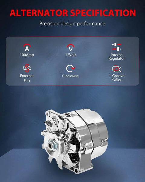 Chrome self exciting alternator replacement for Chevy GM models with 3 wire high output ADR0335C, shown with specifications.