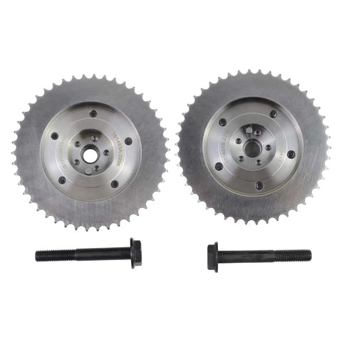 Pair of silver camshaft timing sprockets with bolts for GM 2.0L/2.4L engines (Buick Regal, Cobalt, Equinox, Malibu, HHR, G6)