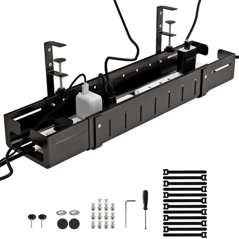 Under Desk Cable Management Tray Extendable From 25.2 To 38.6 Inches No Drill No Damage To Desk Clamp On Wire Organizer Black