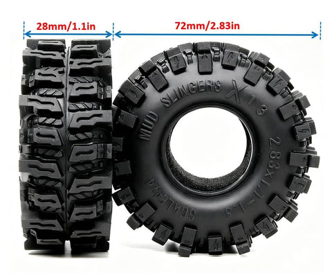 1.3 Inch RC Crawler Tires Mud Slingers X Soft Sticky Compound For 1/24 And 1/18 Scale Rigs, 72mm By 28mm, front and side view