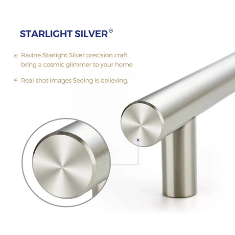 Close-up of a brushed nickel cabinet pull, showcasing the 5-inch size and stainless steel construction for kitchen drawers.