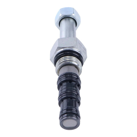Two Way Lowering Dump Valve Beefy LSPC-080-4-00 LSPC080400 for KTI Hydraulic Power Pumps, silver cylindrical with black fittings