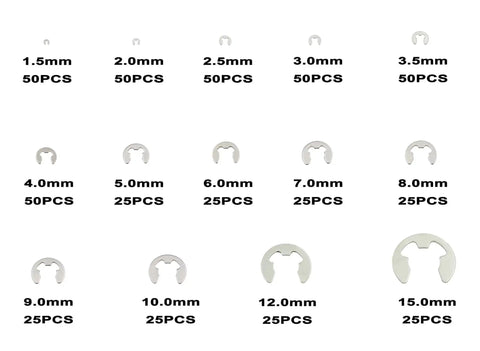 500 Piece Metric E Clips Kit In 304 Stainless Steel With 14 Sizes From 1.5mm To 15mm Side Mount External Retaining Rings Assortment