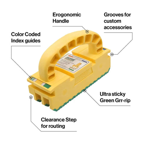 Top view of GRR Ripper 2GO Push Block For Routers Jointer Band Saw And Table Saw With Green Grip Non Slip Surface Extreme Grip And Precise Control To Prevent Kickback Made In USA Woodworking Tool For Accurate Cuts showing ergonomic handle and color-coded index guides.