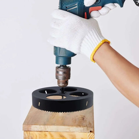 Person using 9.5 Inch Bi Metal Hole Saw Kit With Drill Bit And Hex Wrench For Wood Plastic Drywall And Thin Metal Rannb Durable Heavy Duty Tool Ideal For Contractors And Handy Home Projects Including Drill Bit And Hex Wrench For Quick Setup And Clean Cuts on wood