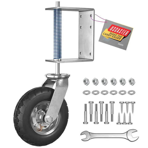 Heavy Duty 8 Inch Gate Wheel For Wooden Or Metal Gates With Pneumatic Tire Spring Loaded 360 Degree Rotation 400 Lb Capacity Includes Screws And Spanner For Smooth Sliding And Stable Gate Positioning, showing wheel and included tools.
